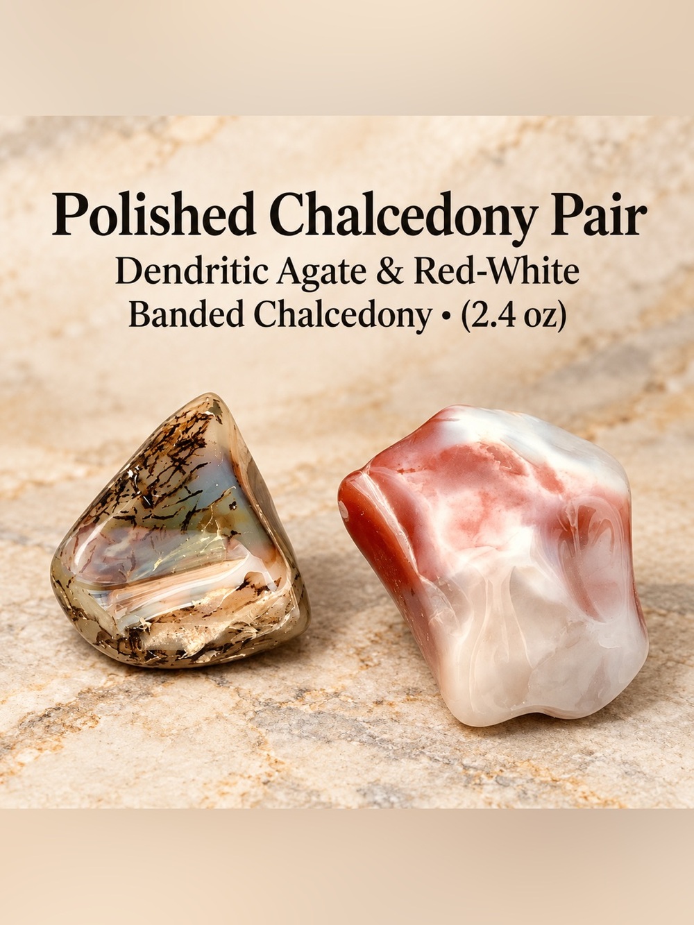Polished Chalcedony Pair | Dendritic Agate & Red-White Banded Chalcedony 2.4 oz